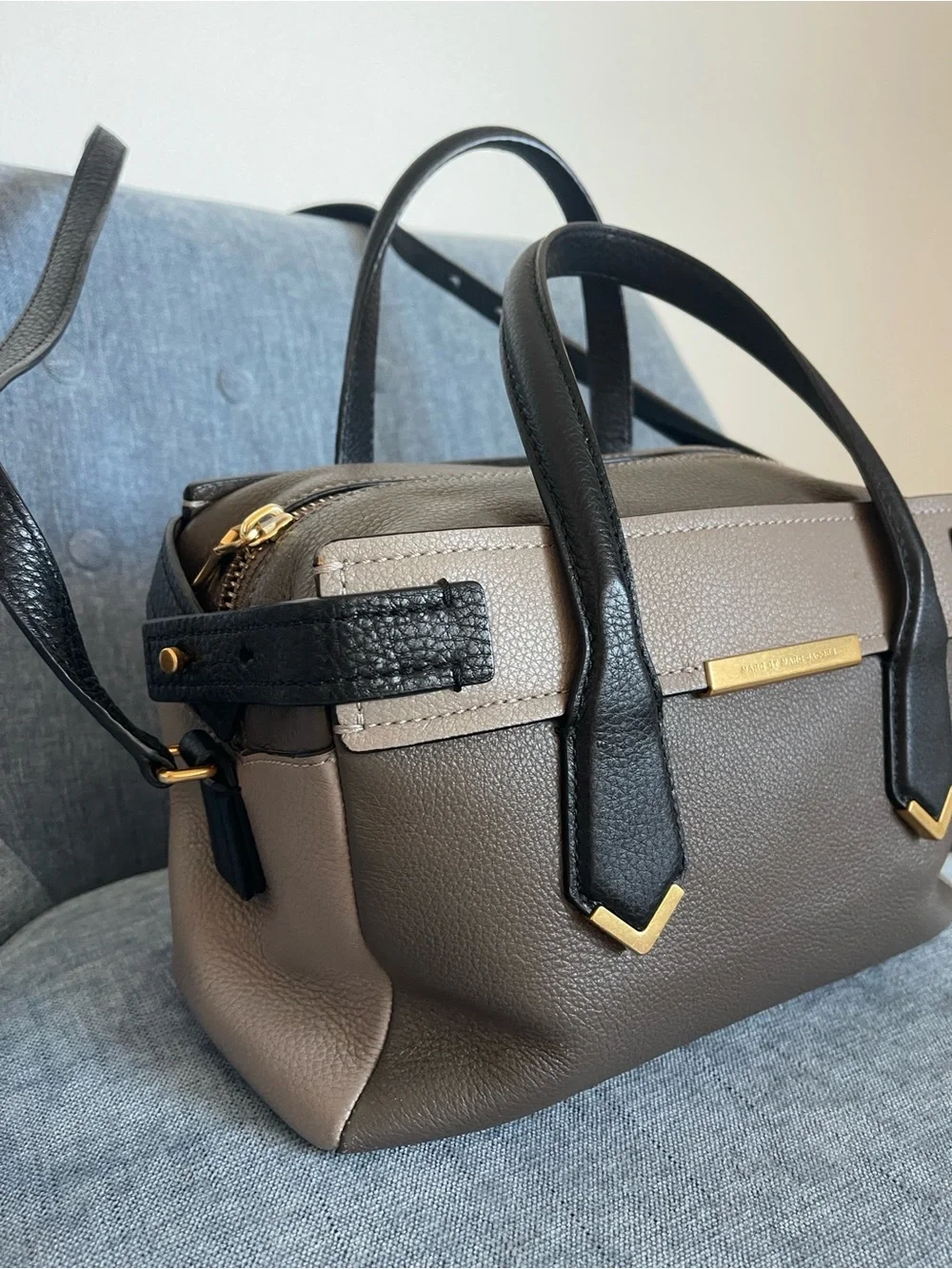 Marc Jacobs Taupe and Black Pebbled Leather Satchel with Gold Accents